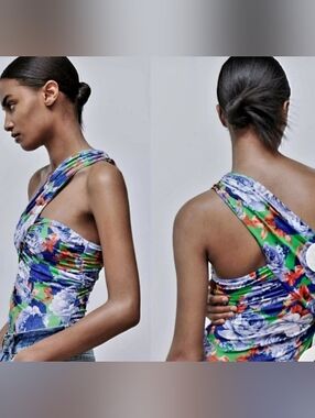 Zara Blue Green Floral One-Shoulder Asymmetrical Boho Bodysuit NWOT Medium